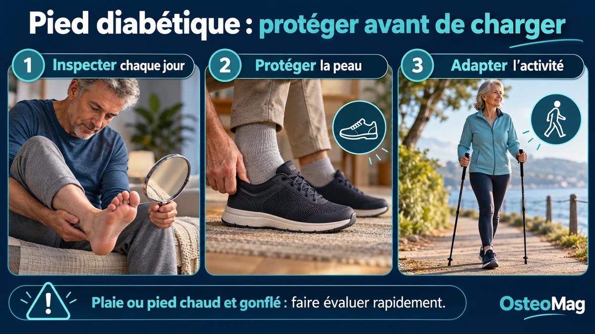 Adulte inspectant doucement la plante de son pied avec un miroir, chaussure fermée confortable, marche avec soutien.