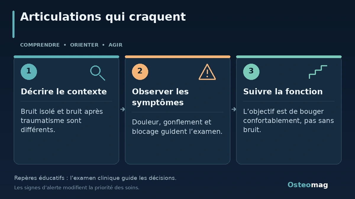Articulations qui craquent : Décrire le contexte ; Observer les symptômes ; Suivre la fonction