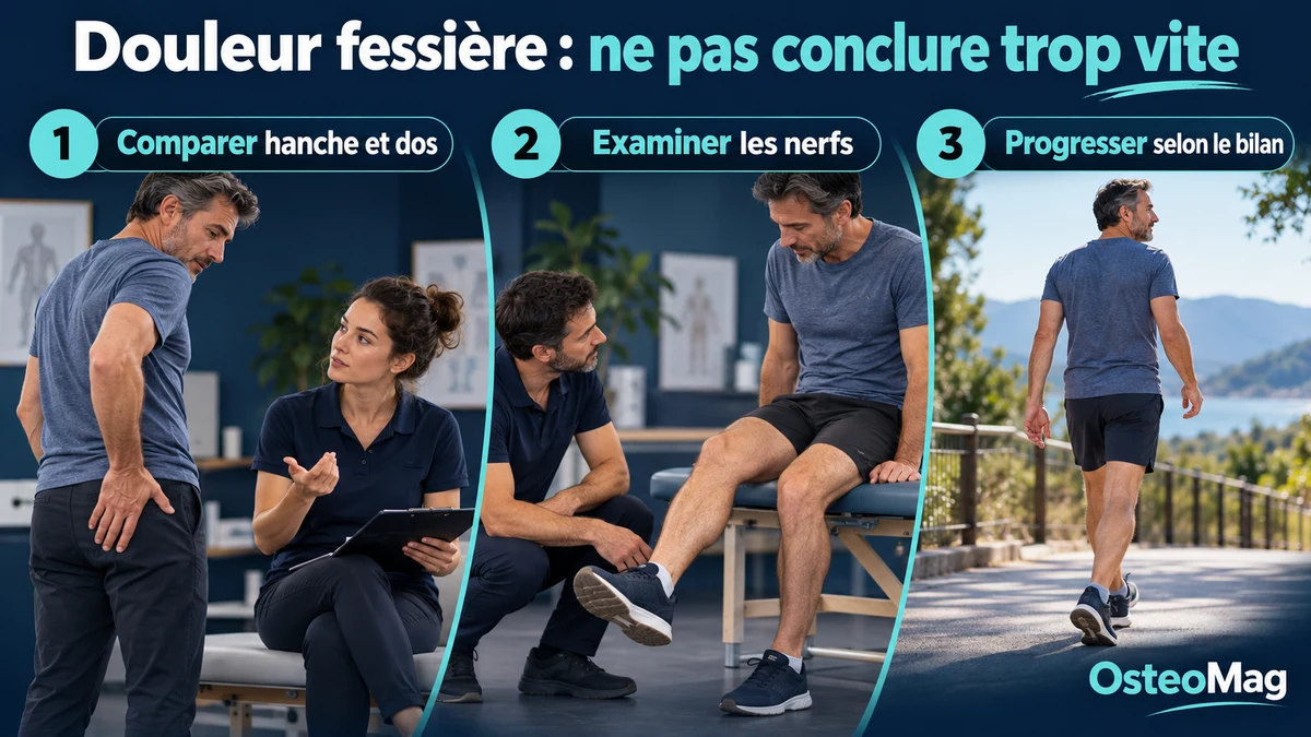Adulte indique fesse à travers vêtement, dialogue clinique, marche.