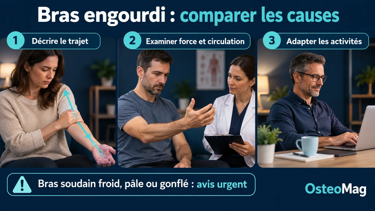 Patient décrit bras engourdi habillé, examen médical main force, activité confortable bras près corps.