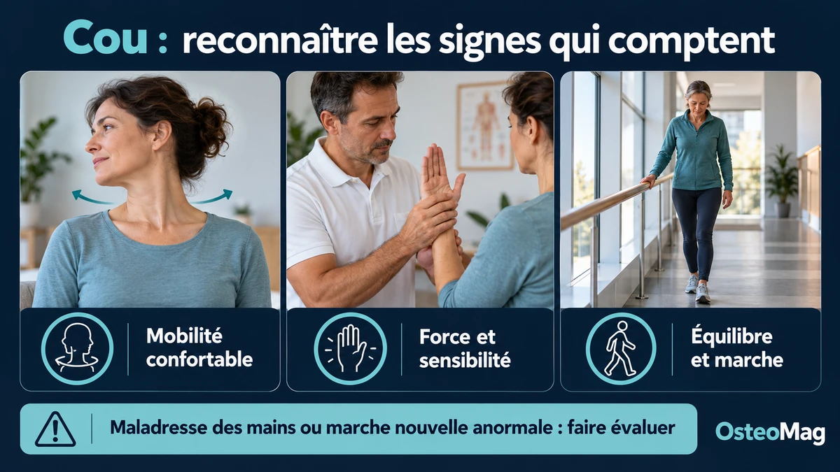 Évaluation du cou : mobilité confortable, force et sensibilité des mains, équilibre et marche.