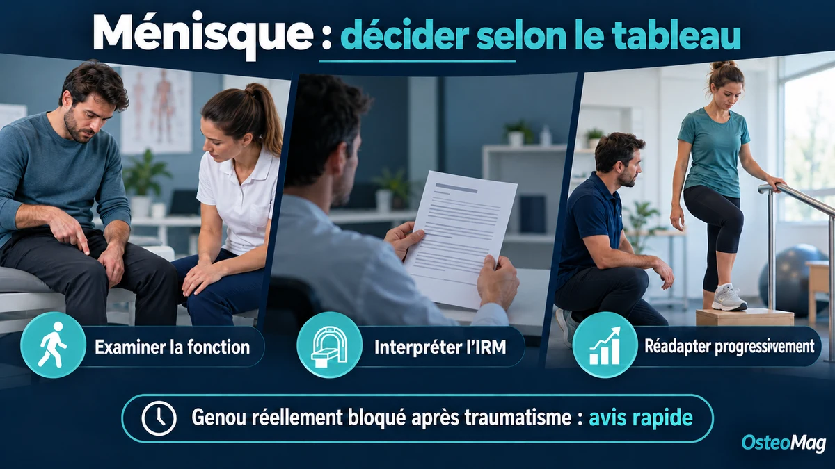 Adulte indique genou à travers pantalon, clinicien examine mobilité sans force, patient monte petite marche avec rampe.
