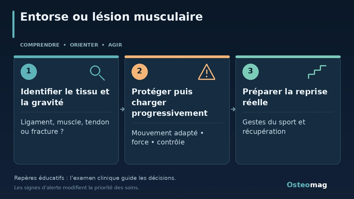 Entorse ou lésion musculaire : Identifier le tissu et la gravité ; Protéger puis charger progressivement ; Préparer la reprise réelle