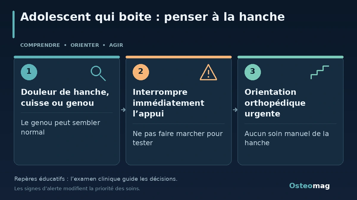 Adolescent qui boite : penser à la hanche : Douleur de hanche, cuisse ou genou ; Interrompre immédiatement l’appui ; Orientation orthopédique urgente
