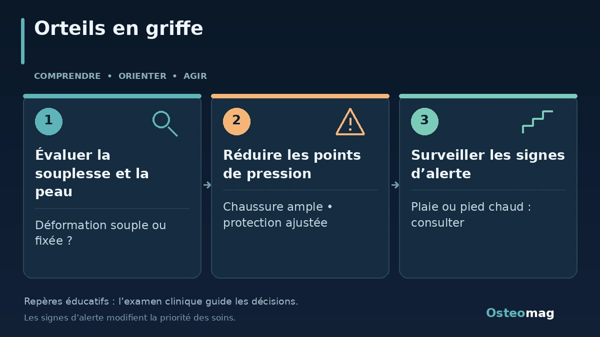 Orteils en griffe : Évaluer la souplesse et la peau ; Réduire les points de pression ; Surveiller les signes d’alerte