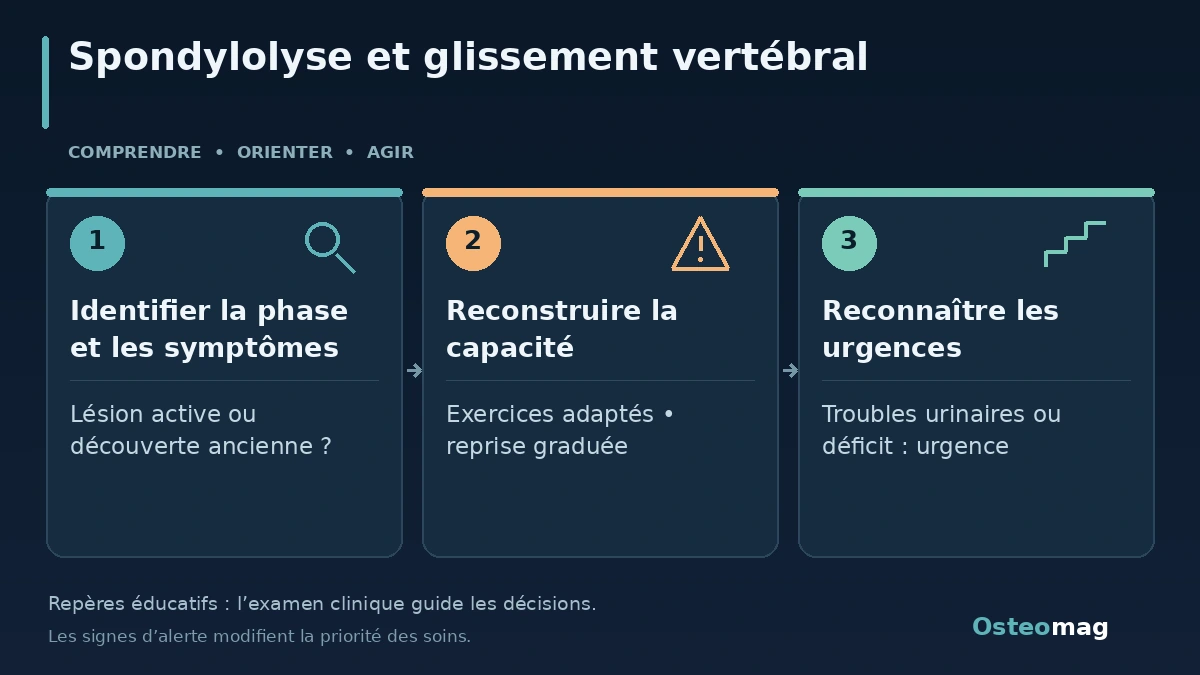 Spondylolyse et glissement vertébral : Identifier la phase et les symptômes ; Reconstruire la capacité ; Reconnaître les urgences