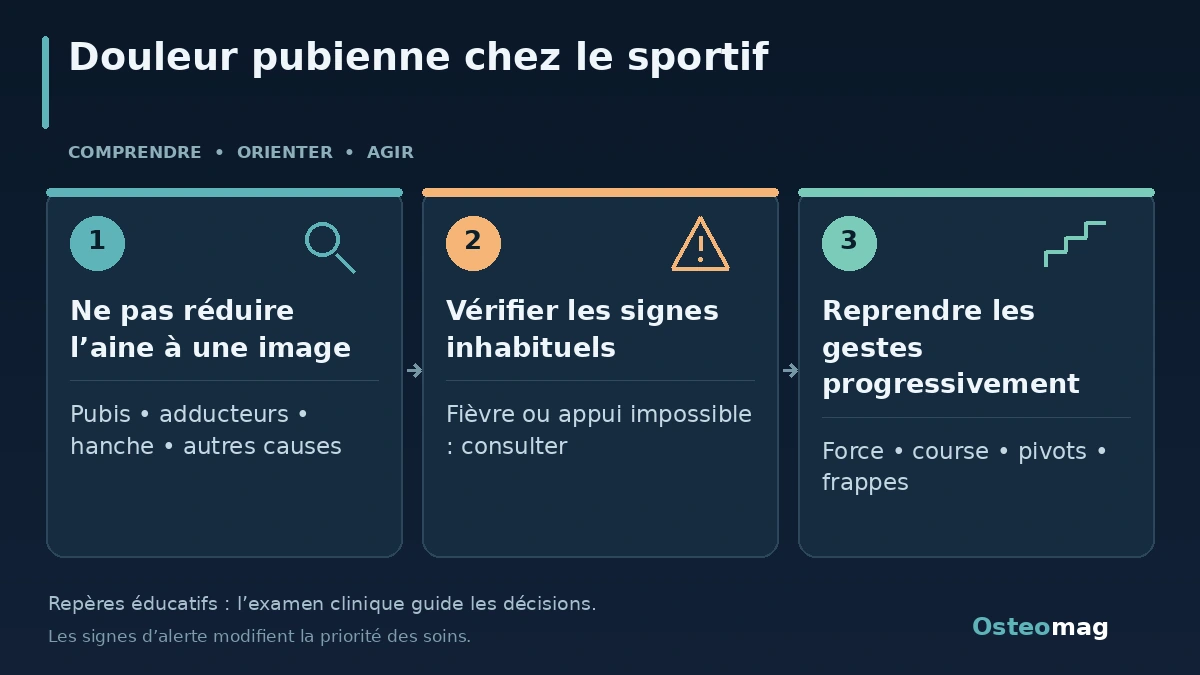 Douleur pubienne chez le sportif : Ne pas réduire l’aine à une image ; Vérifier les signes inhabituels ; Reprendre les gestes progressivement