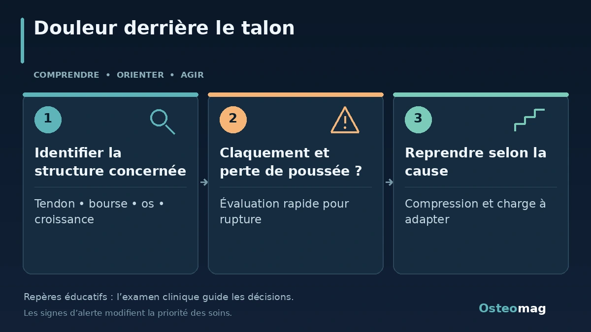 Douleur derrière le talon : Identifier la structure concernée ; Claquement et perte de poussée ? ; Reprendre selon la cause