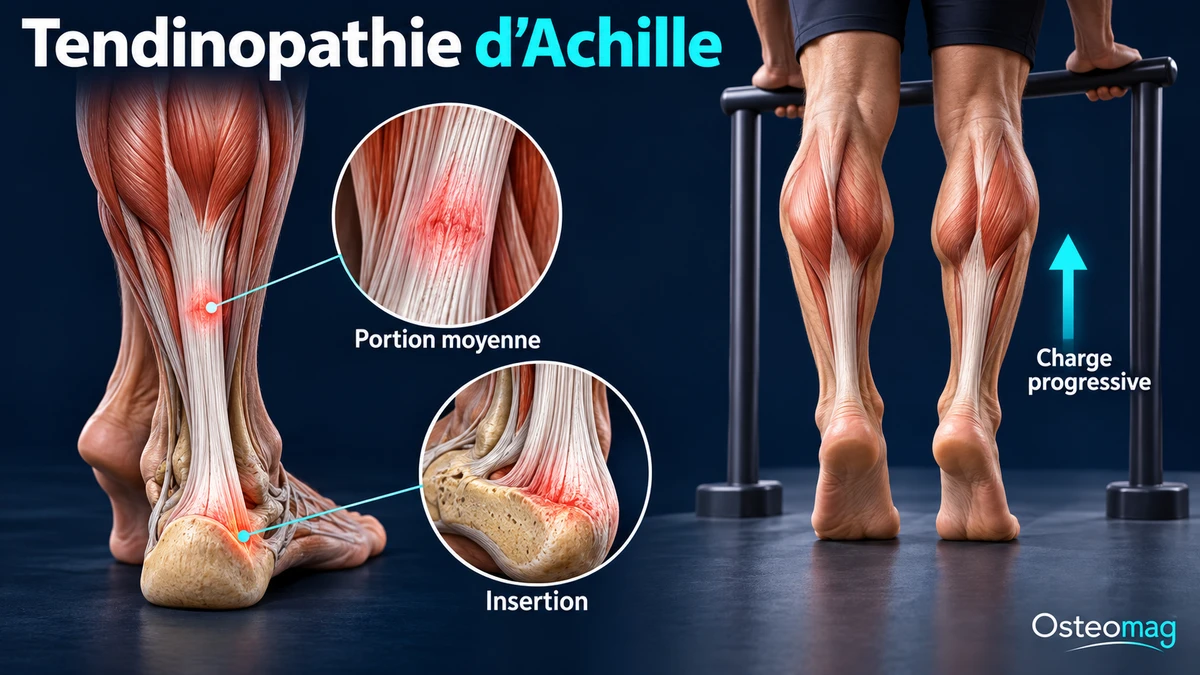 Portion moyenne et insertion du tendon d’Achille, avec mise en charge sur sol plat.
