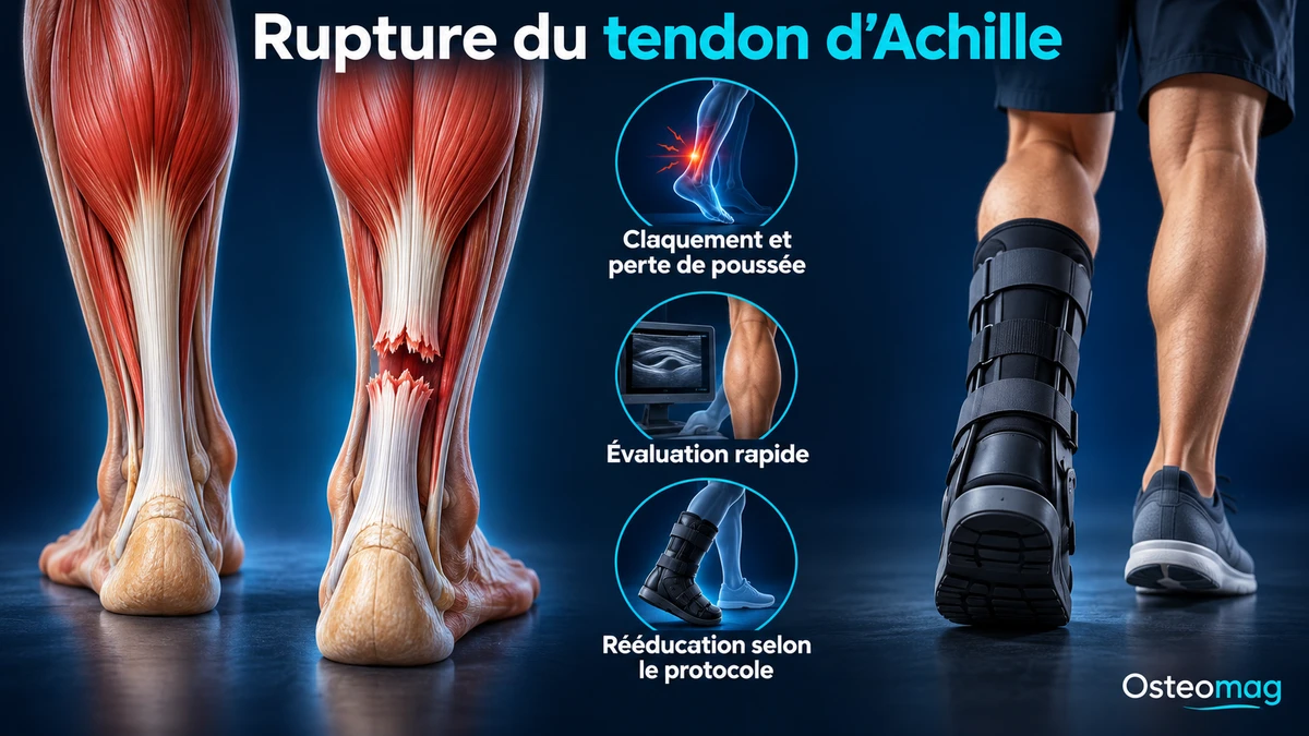Tendon d’Achille continu et rompu, puis protection par botte prescrite.