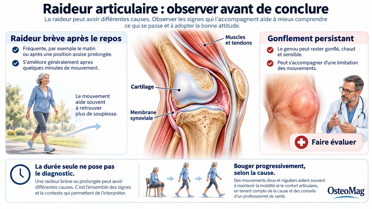 Coupe schématique du genou et comparaison entre raideur brève et gonflement persistant.