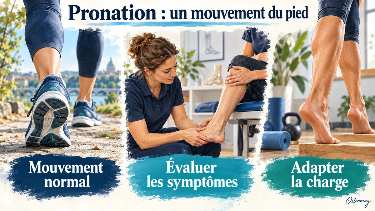 Marche chaussée, examen du pied et élévation du talon illustrant une adaptation progressive de la charge.