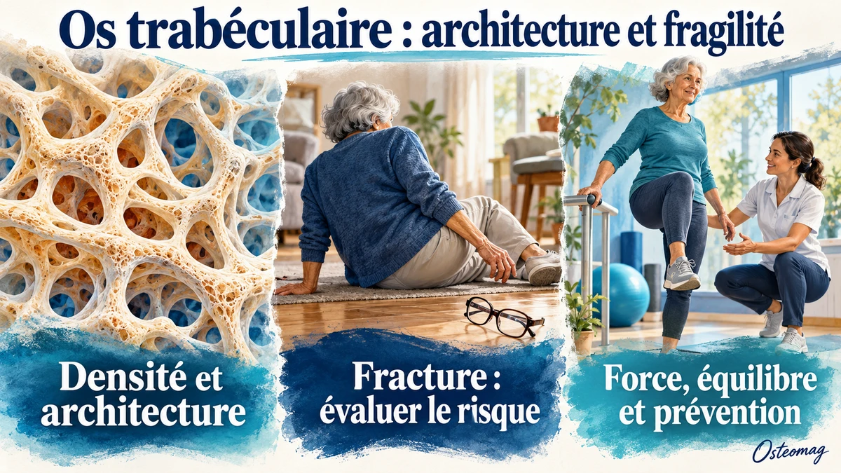 Texture artistique d’os trabéculaire, personne après une chute et exercice d’équilibre accompagné.