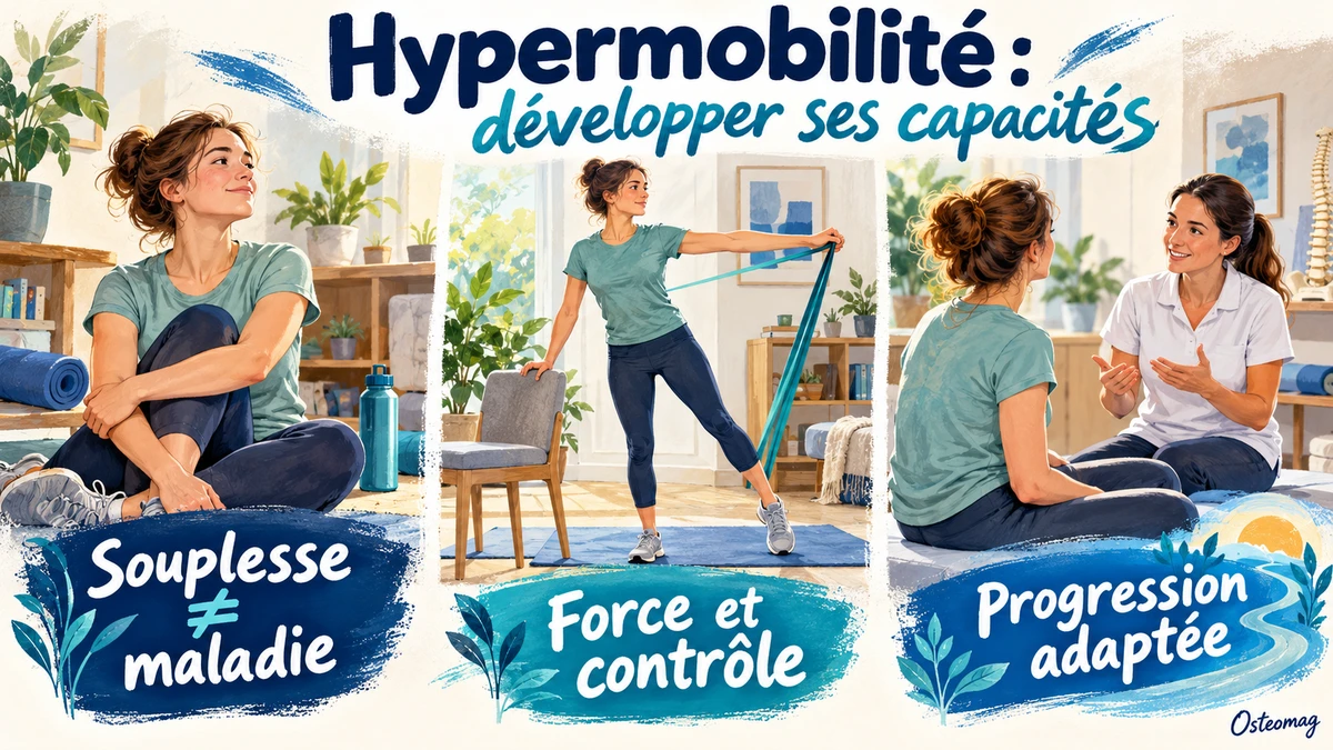 Personne hypermobile réalisant un exercice léger près d’un appui et discutant de sa progression.