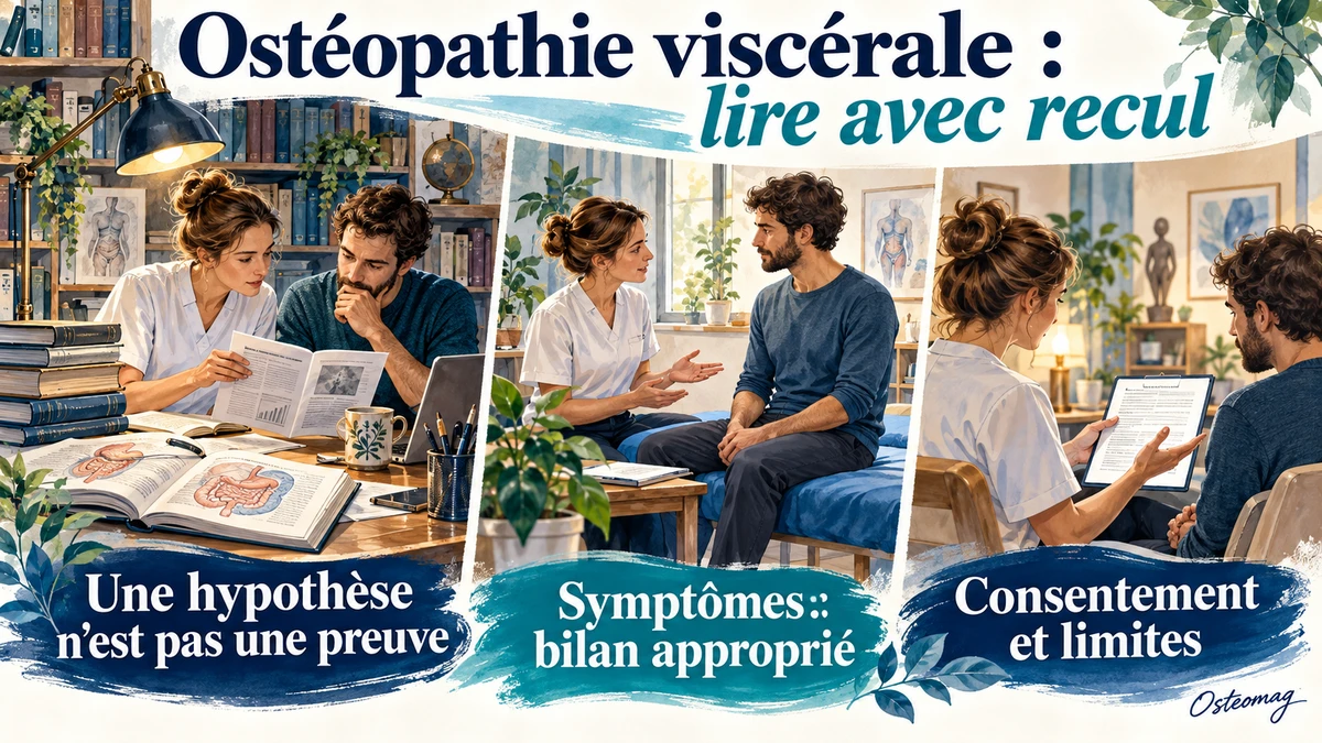 Livres et échange clinique illustrant une lecture critique des hypothèses de l’ostéopathie viscérale.