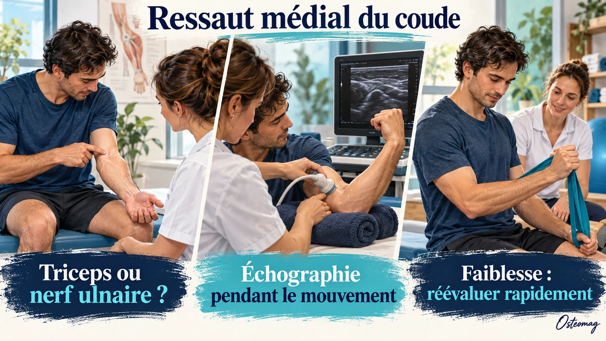 Examen de la face interne du coude, échographie dynamique et exercice léger du membre supérieur.