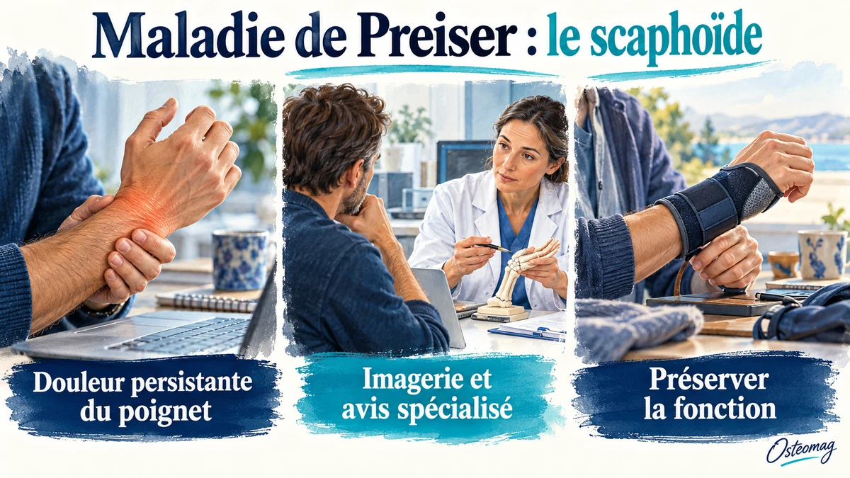 Poignet douloureux, consultation spécialisée et orthèse dans un parcours de maladie de Preiser.
