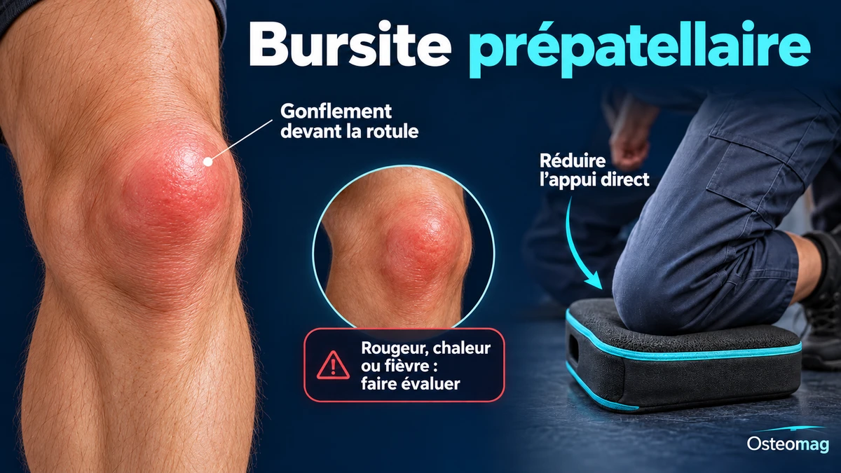 Gonflement superficiel devant la rotule, protection des appuis et alertes d’infection.