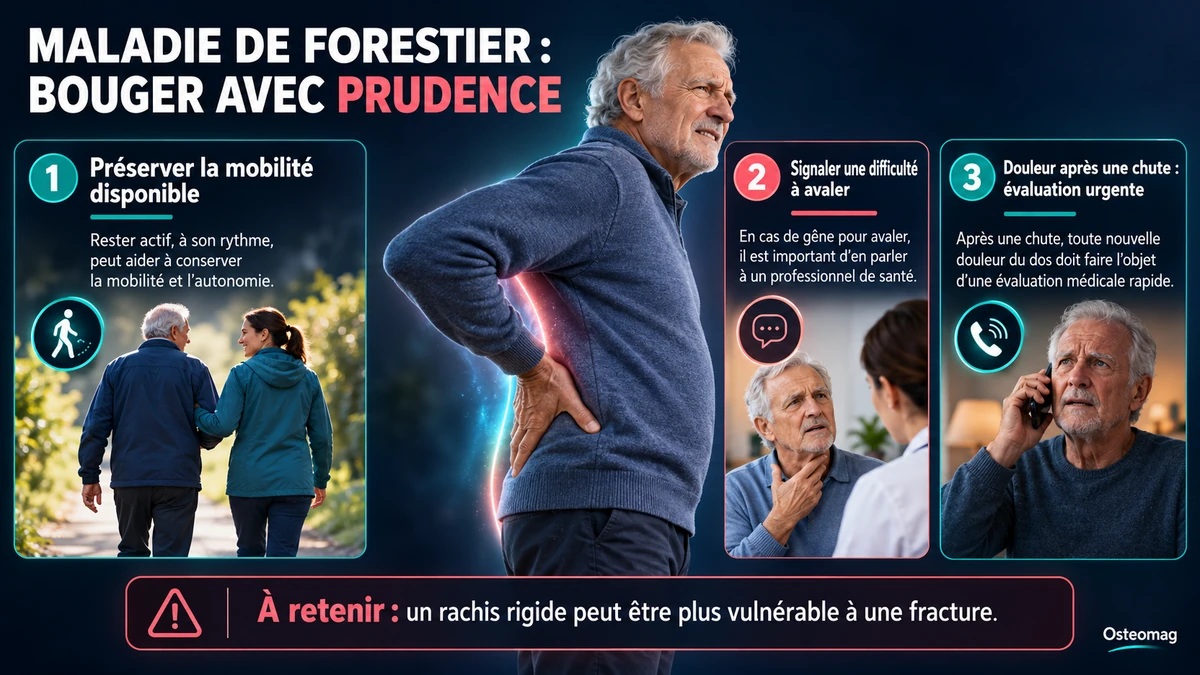 Illustration Osteomag sur la maladie de Forestier : mobilité adaptée, difficulté à avaler et douleur après une chute nécessitant une évaluation.
