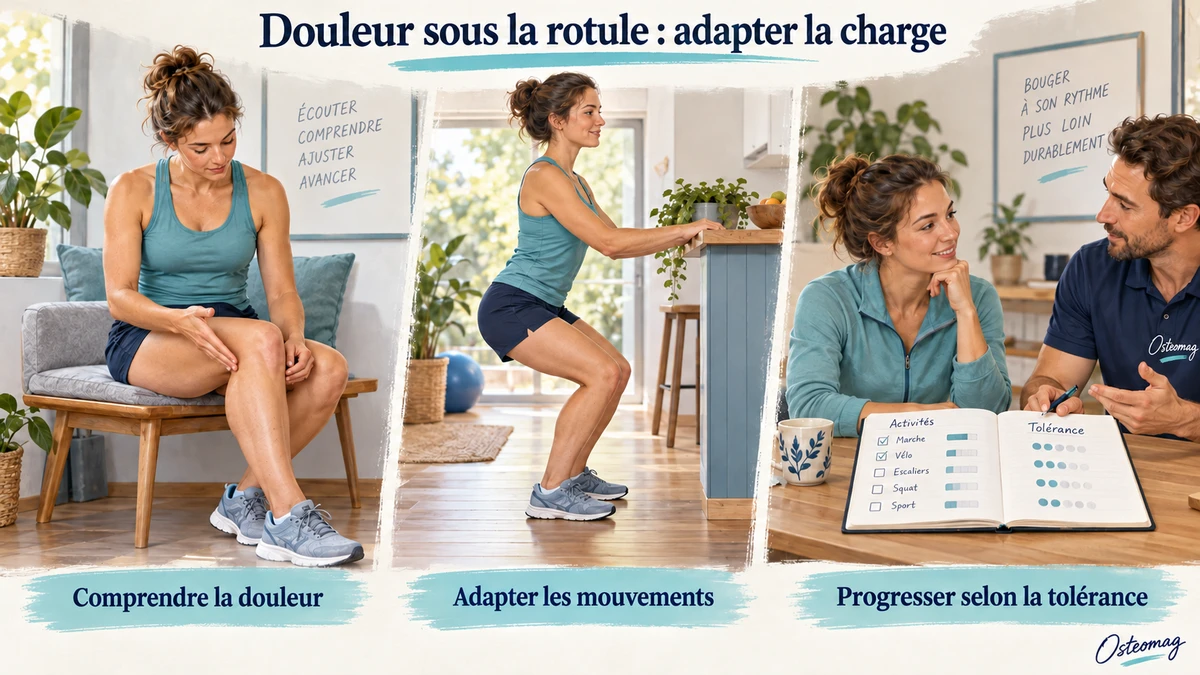 Une femme décrit une gêne au genou, effectue une flexion légère avec appui et discute de sa tolérance aux activités.