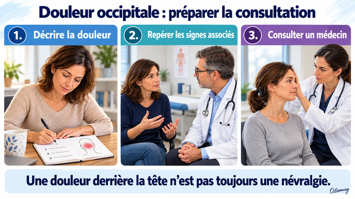 Une patiente décrit sa douleur occipitale et consulte des médecins pour évaluer ses symptômes.