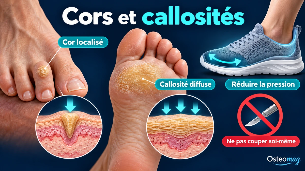 Cor localisé, callosité diffuse et chaussure permettant de réduire les pressions.