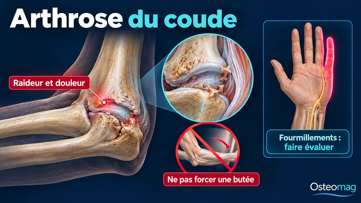 Schéma simplifié de l’arthrose du coude et alerte sur les symptômes de la main.