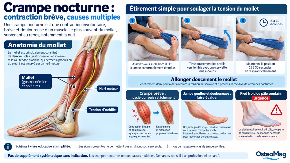 Anatomie du mollet, étirement doux et signes vasculaires à distinguer d’une crampe nocturne.