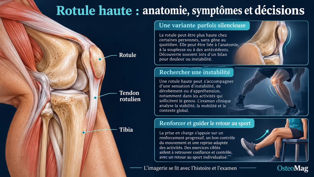 Rotule, tendon rotulien et tibia avec repères sur l’instabilité et la reprise d’activité.