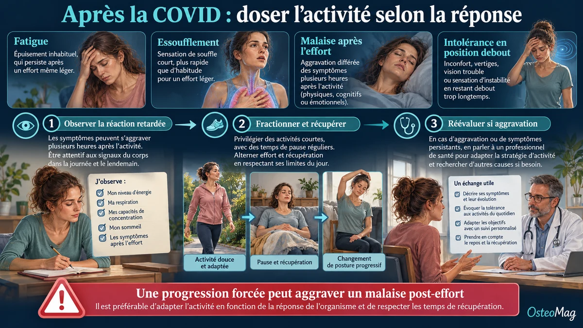 Symptômes possibles après la COVID, suivi de la réaction différée, pauses et discussion d’une activité adaptée.