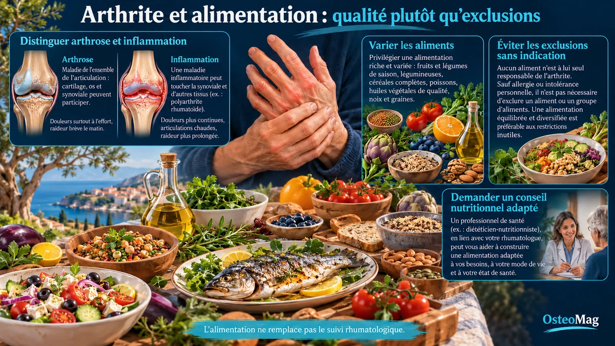 Aliments variés d’un modèle méditerranéen, articulation douloureuse et conseils nutritionnels contextualisés.