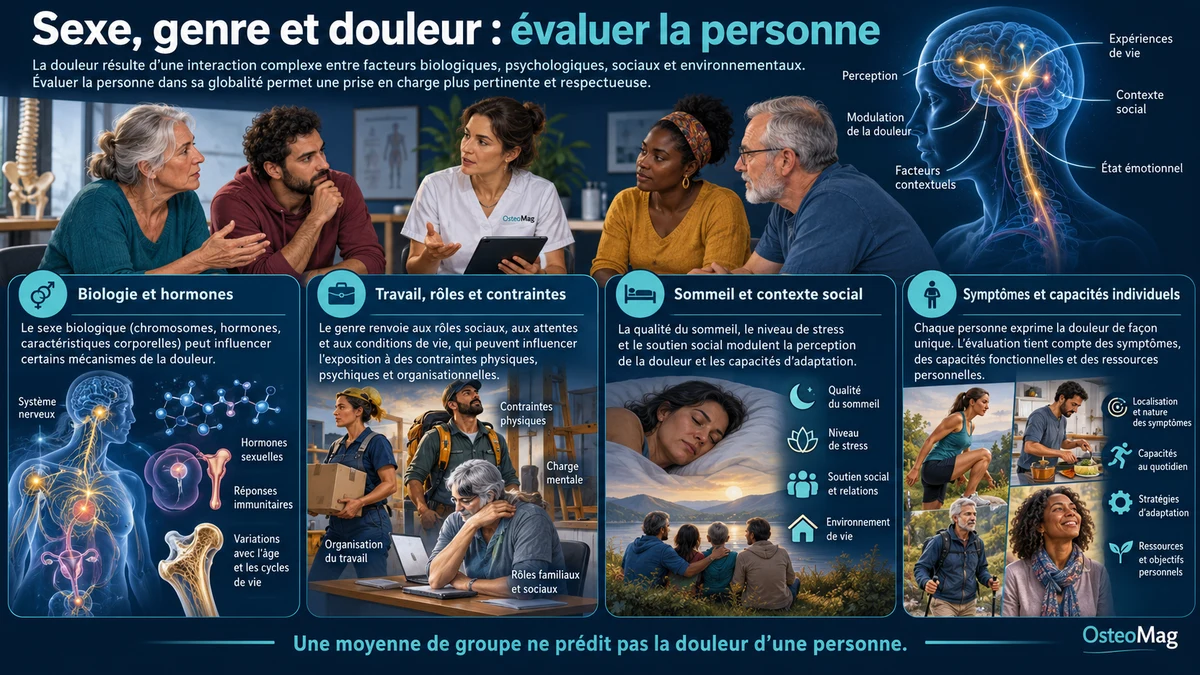 Facteurs biologiques et sociaux de la douleur illustrés avec plusieurs personnes et activités quotidiennes.