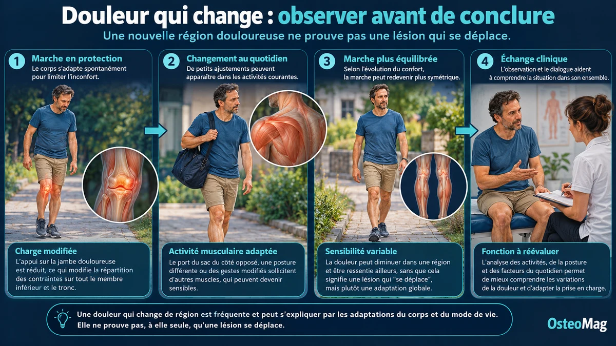 Quatre scènes montrant des changements de marche et de charge, des repères musculaires et une discussion clinique.