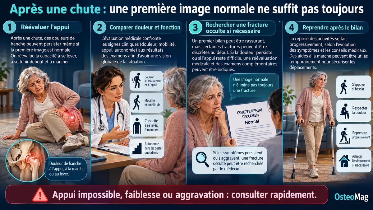 Douleur après chute, réévaluation de la fonction et discussion du besoin éventuel d’examens complémentaires.