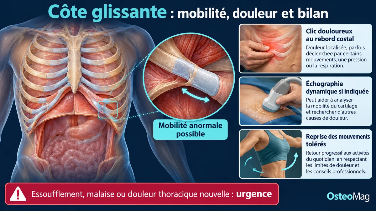 Rebord costal illustré avec agrandissement conceptuel du cartilage, douleur locale, échographie et reprise de mouvement.