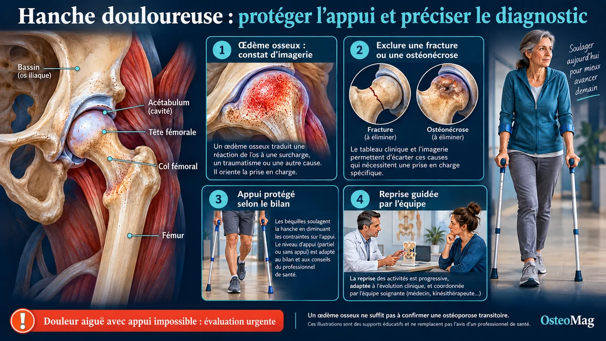 Hanche et fémur proximal illustrés, discussion du diagnostic et protection de l’appui.
