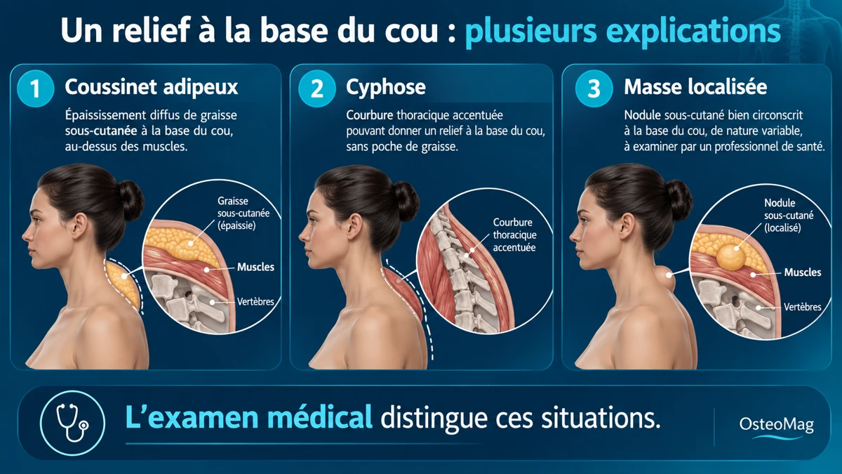 Comparaison schématique d’un coussinet adipeux, d’une cyphose thoracique et d’une masse sous-cutanée localisée