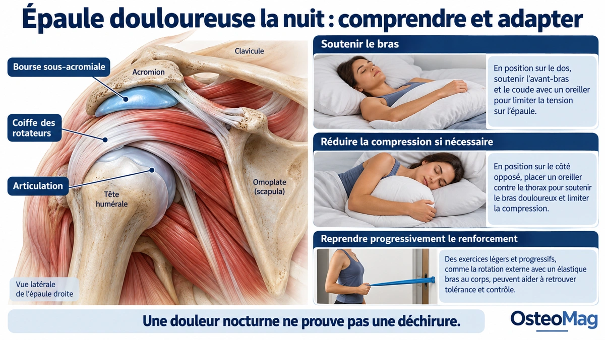 Anatomie simplifiée de l’épaule, soutien du bras par un oreiller et exercice avec élastique.