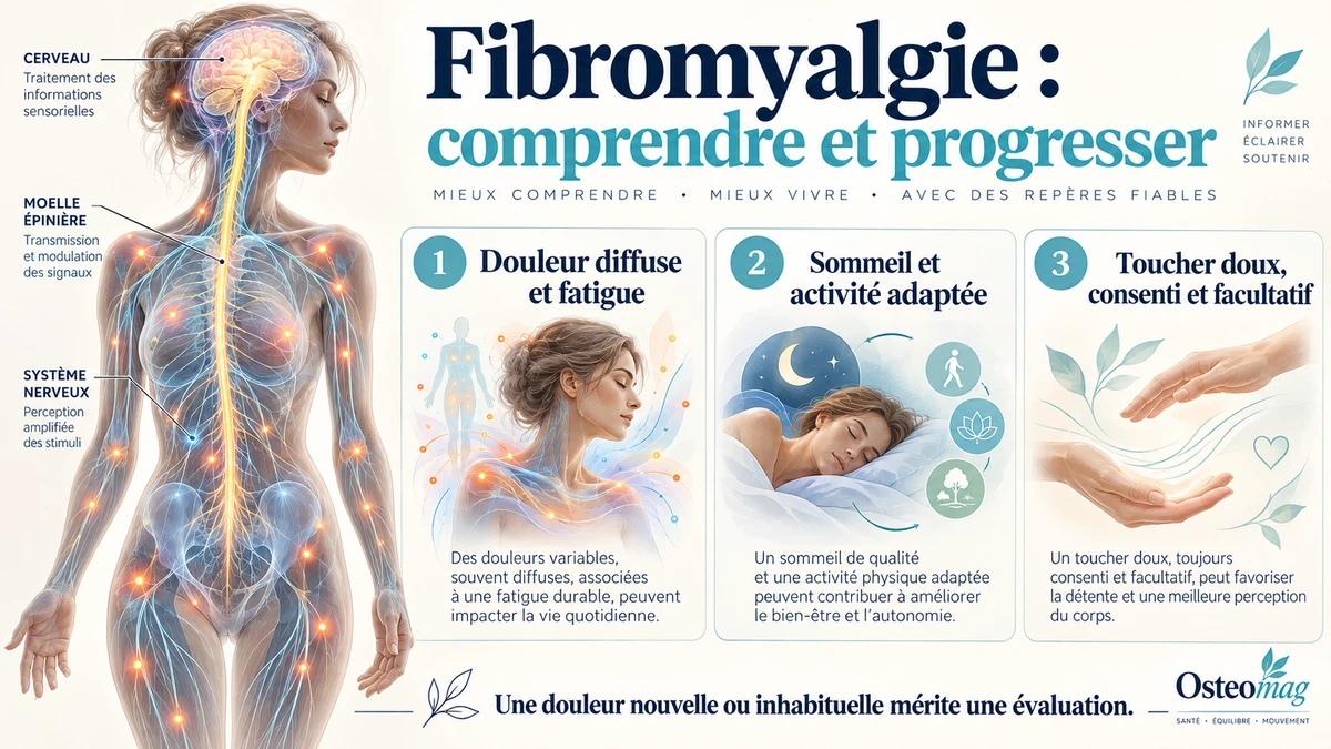 Fibromyalgie : rôle du système nerveux, douleur diffuse, fatigue, sommeil, activité adaptée et toucher doux facultatif.