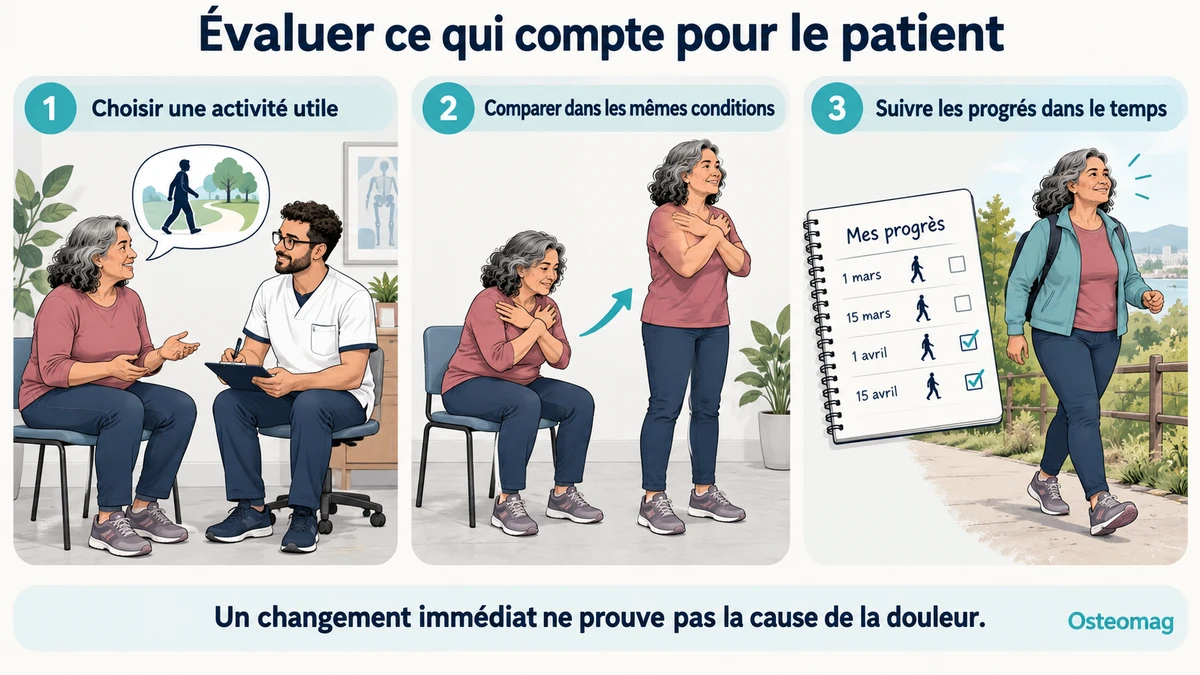 Une patiente choisit une activité utile, réalise un lever de chaise et suit ses progrès de marche dans le temps.