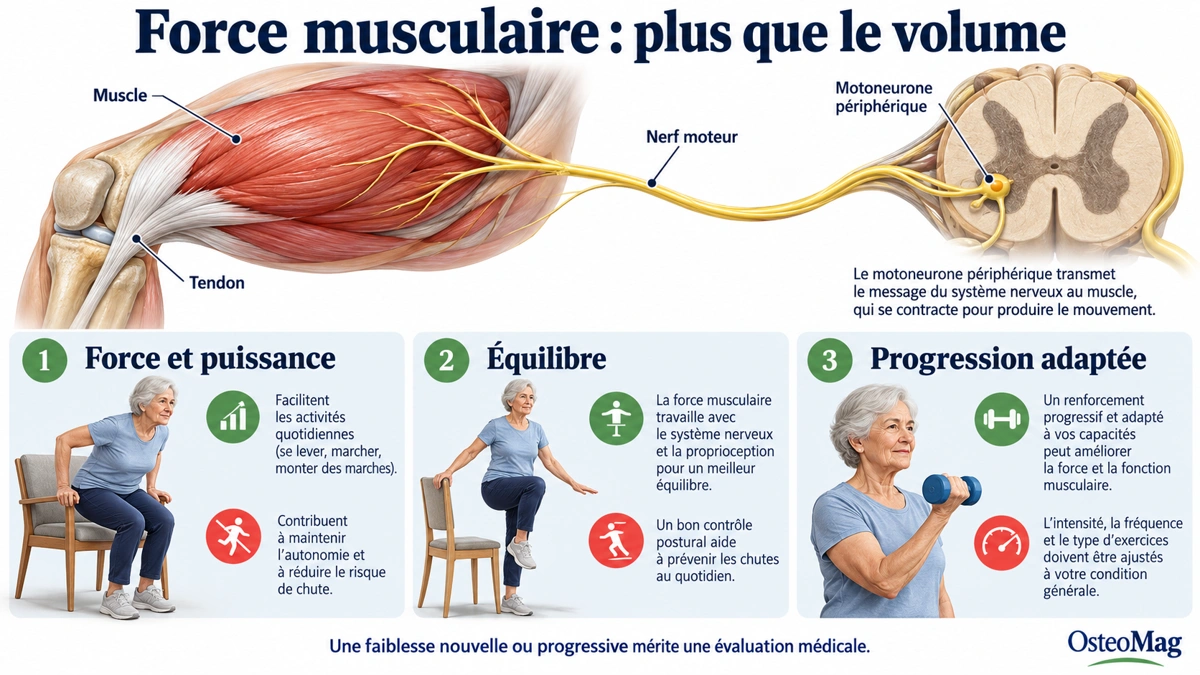 Commande nerveuse, muscle et tendon, avec lever de chaise, équilibre et renforcement progressif.