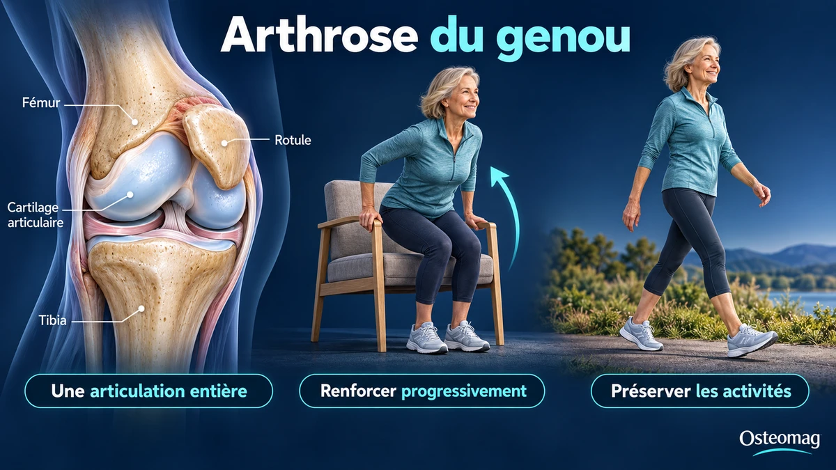 Anatomie du genou, lever de chaise et marche adaptée.