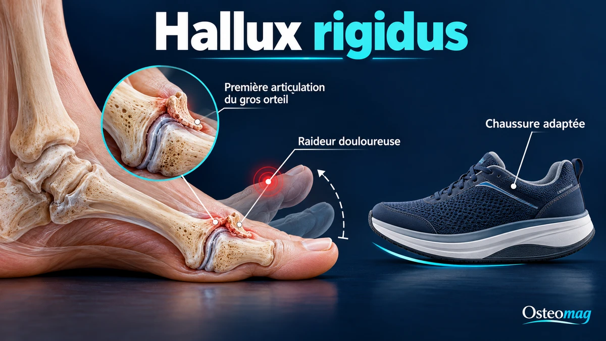 Arthrose schématique de la première articulation du gros orteil et chaussure adaptée.