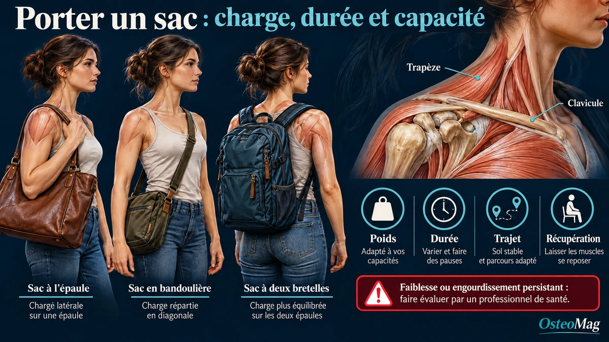 Comparaison du port d’un sac à l’épaule, en bandoulière et à deux bretelles, avec repères de clavicule et de trapèze.