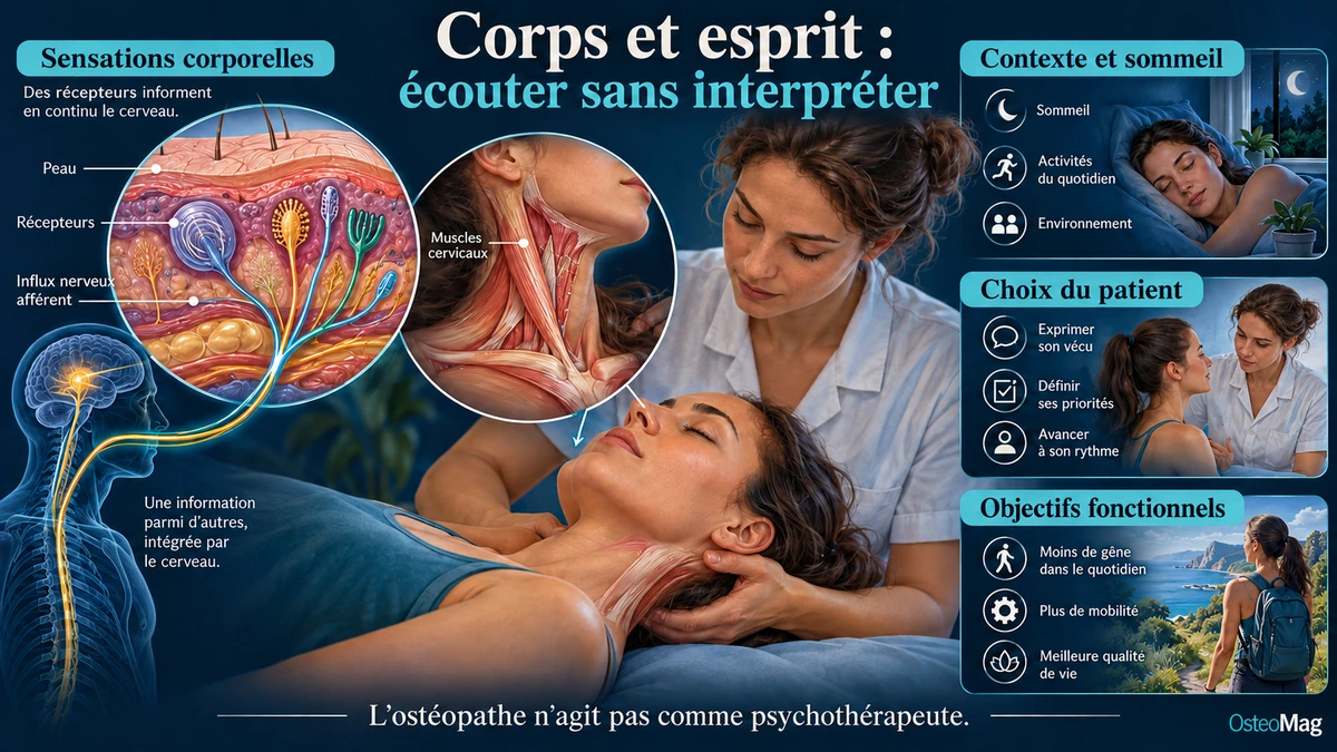 Récepteurs cutanés schématiques, muscles cervicaux et consultation fondée sur le consentement, le contexte et les objectifs fonctionnels.