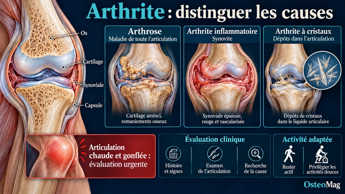 Coupe schématique du genou et comparaison de l’arthrose, de la synovite et des dépôts de cristaux, avec signes d’alerte.
