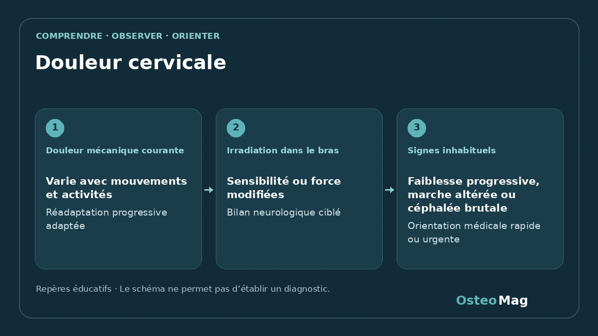 Repères éducatifs OsteoMag pour évaluer une douleur cervicale, ses fonctions et ses signes de gravité.