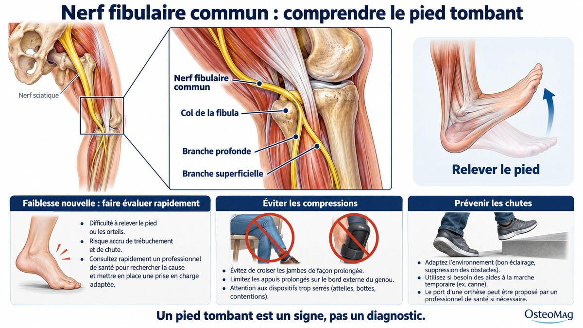 Nerf fibulaire commun près de la fibula, branches et mouvement de relèvement du pied.