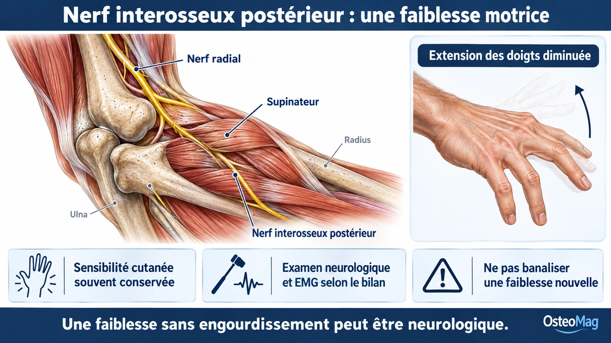 Nerf radial et nerf interosseux postérieur au coude, avec faiblesse de l’extension des doigts.