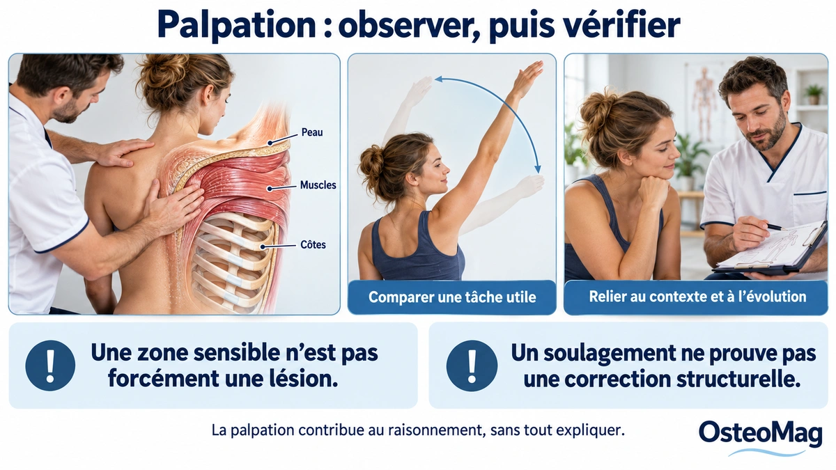 Palpation des tissus, comparaison d’un mouvement et échange sur l’évolution des symptômes.